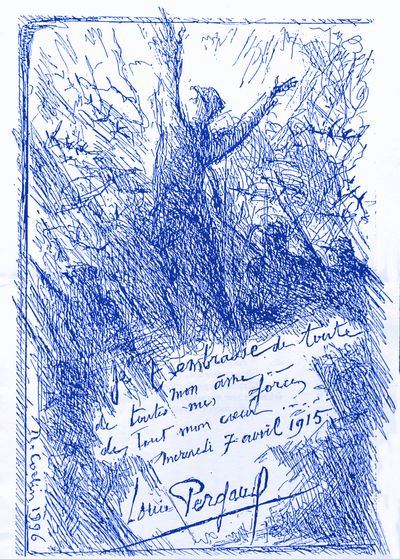 Dessin de Raymond Corbin, illustrant la dernière lettre de Louis Pergaud